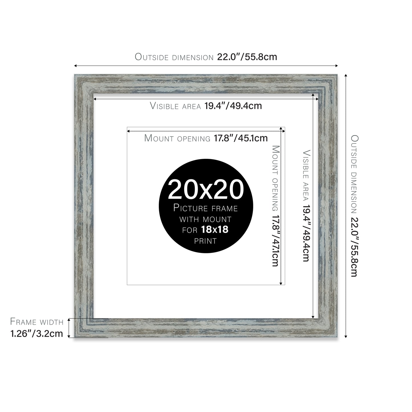 Distressed Blue Picture Frame 32mm Edge