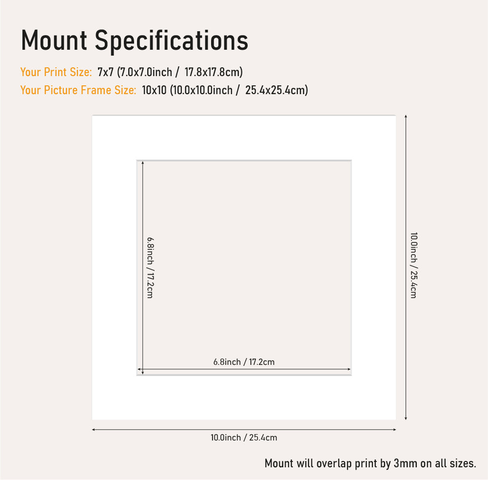 White picture mount 10x10 frame with 7x7" aperture, square mount board for prints and artwork, bulk UK framing supplier
