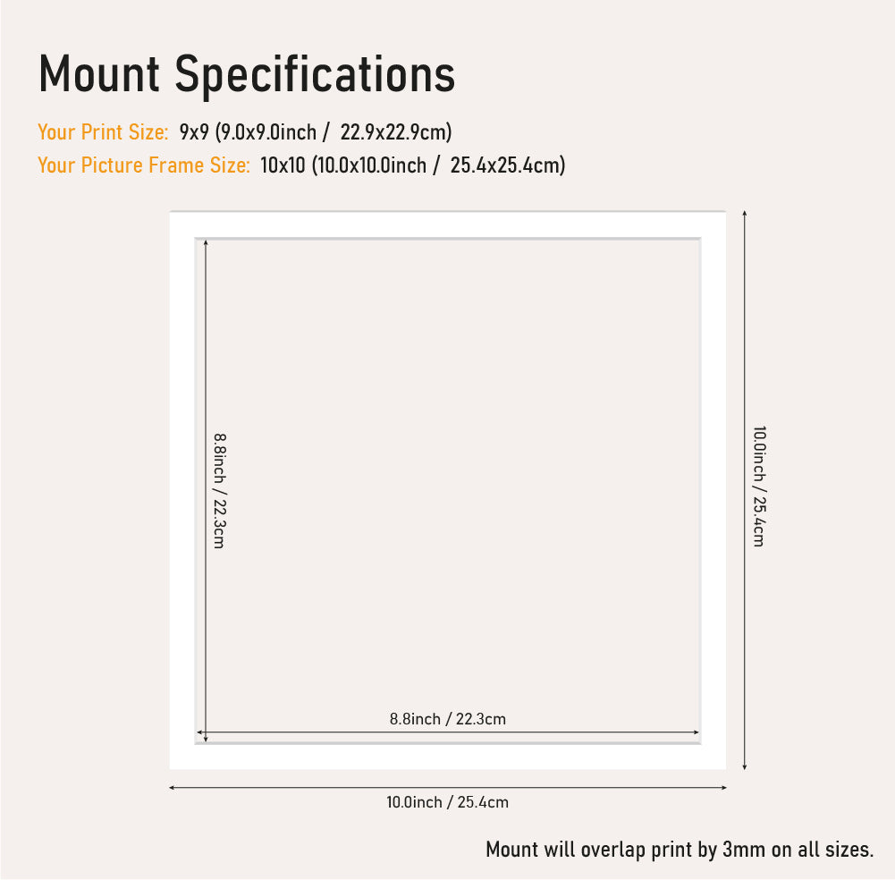 White mount board 10x10 frame with 9x9" aperture, professional picture mount for A4 prints, bulk wholesale framing UK