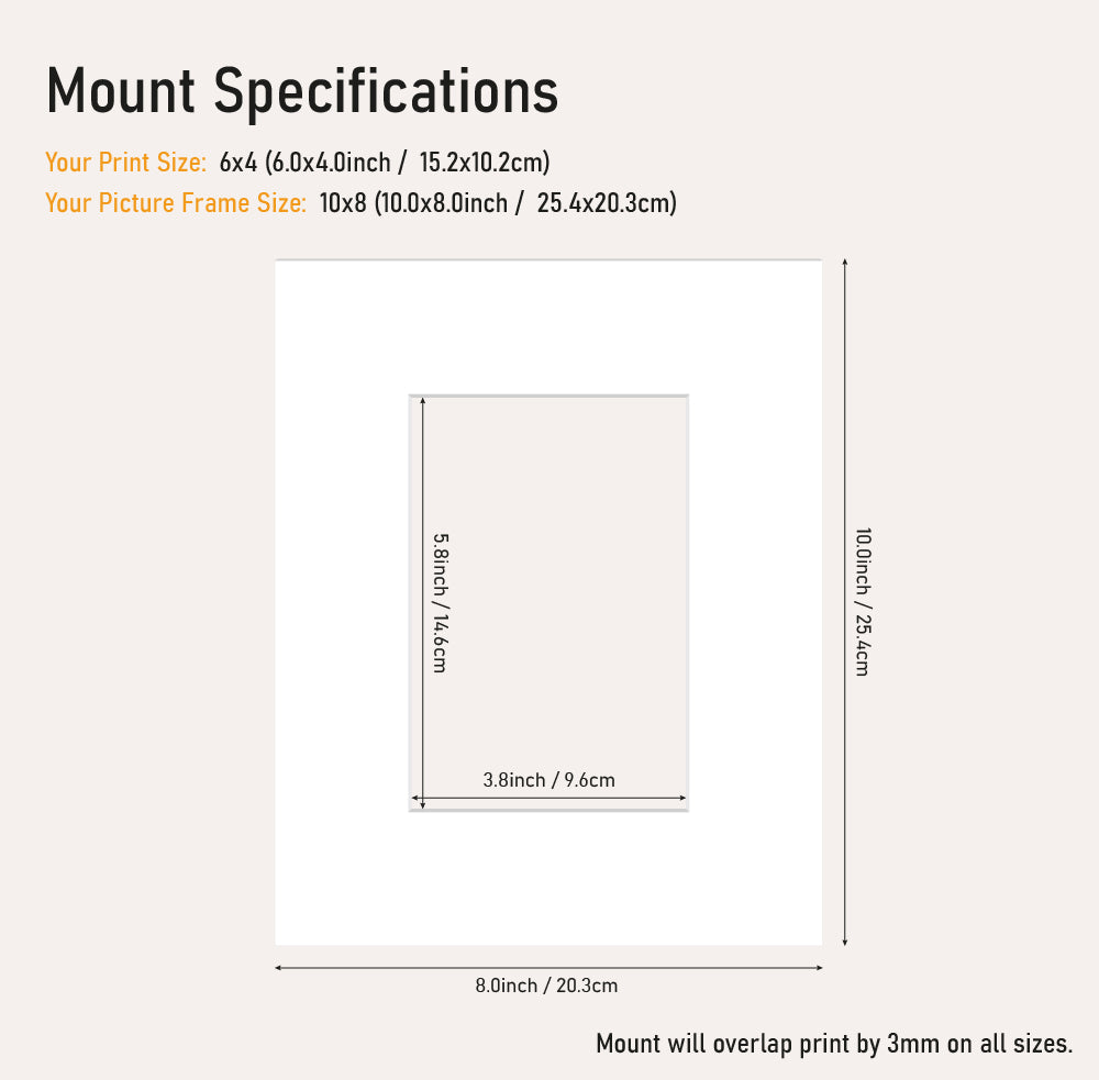 Wholesale white picture mount 6x4" frame size with 10x8 aperture, precision cut mount board for A5 prints, UK trade framing supply