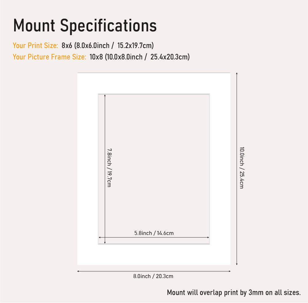 Bulk white picture mount 10x8 frame size with 8x6" aperture, bevel cut mount board for framing prints, UK supplier