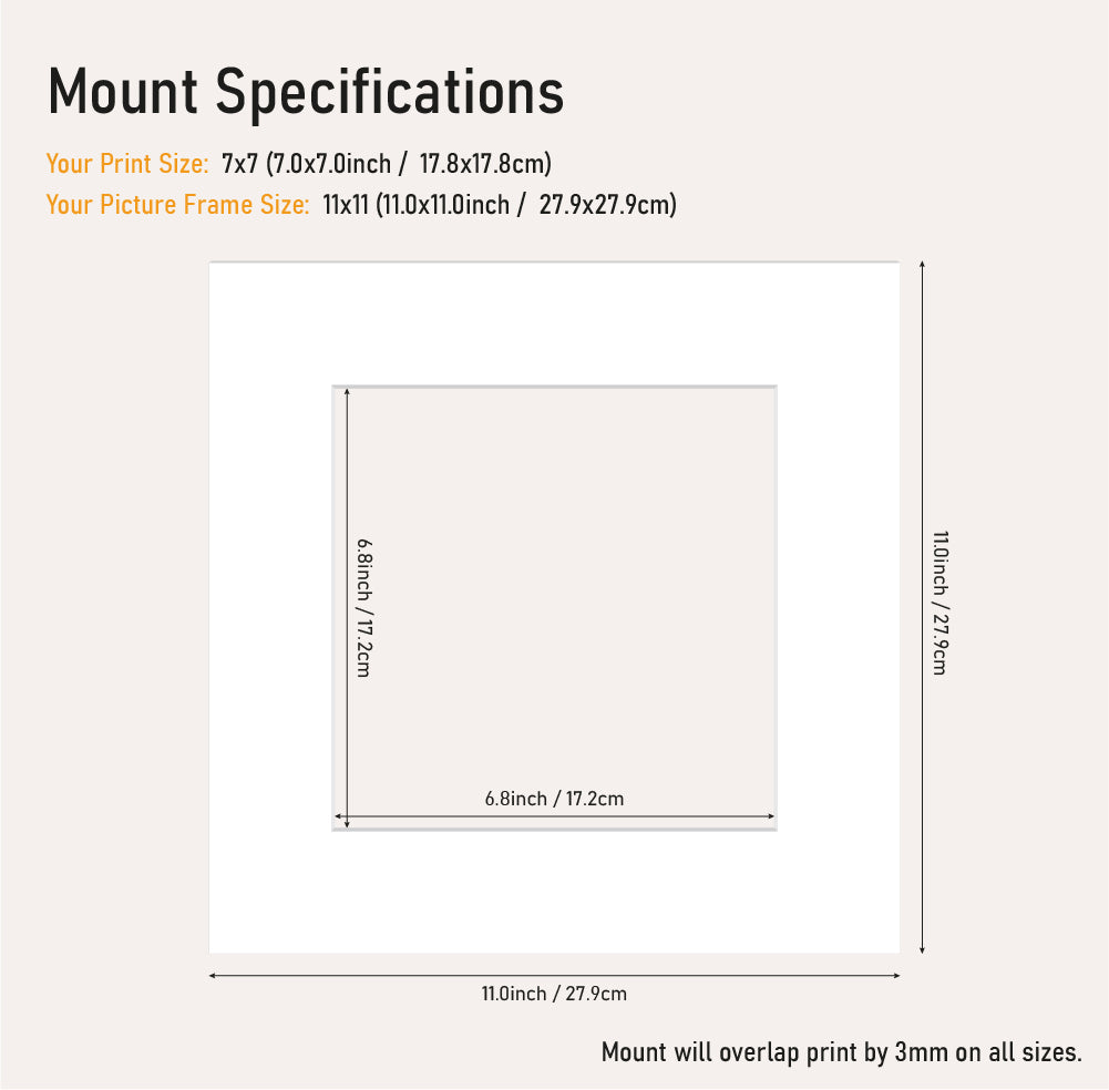 Bulk white picture mount 11x11 frame size with 7x7" aperture, bevel cut mount board for framing prints, UK supplier