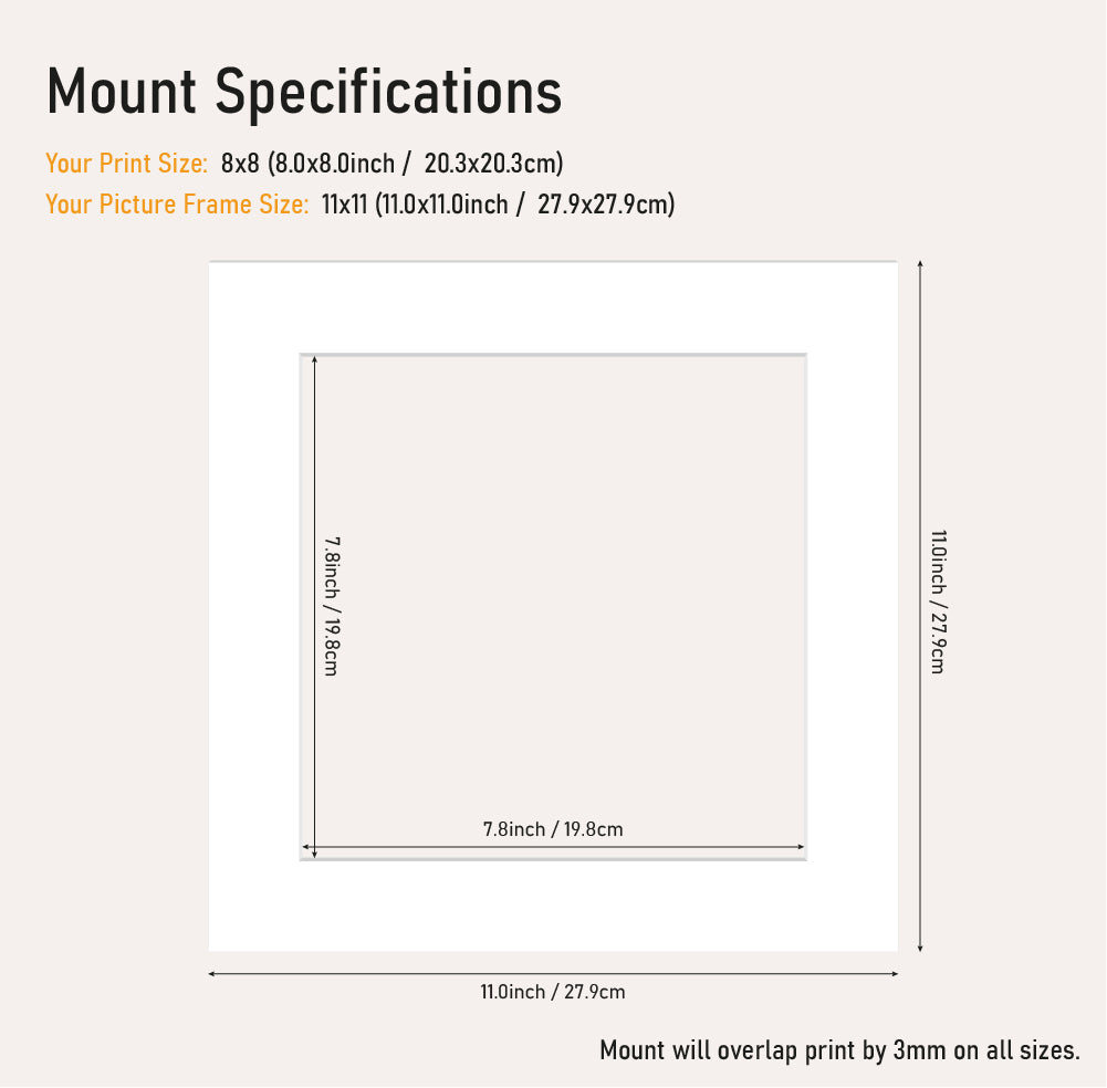White picture mount 11x11 frame with 8x8" aperture, clean cut mount board for artwork and photos, trade framing stock UK