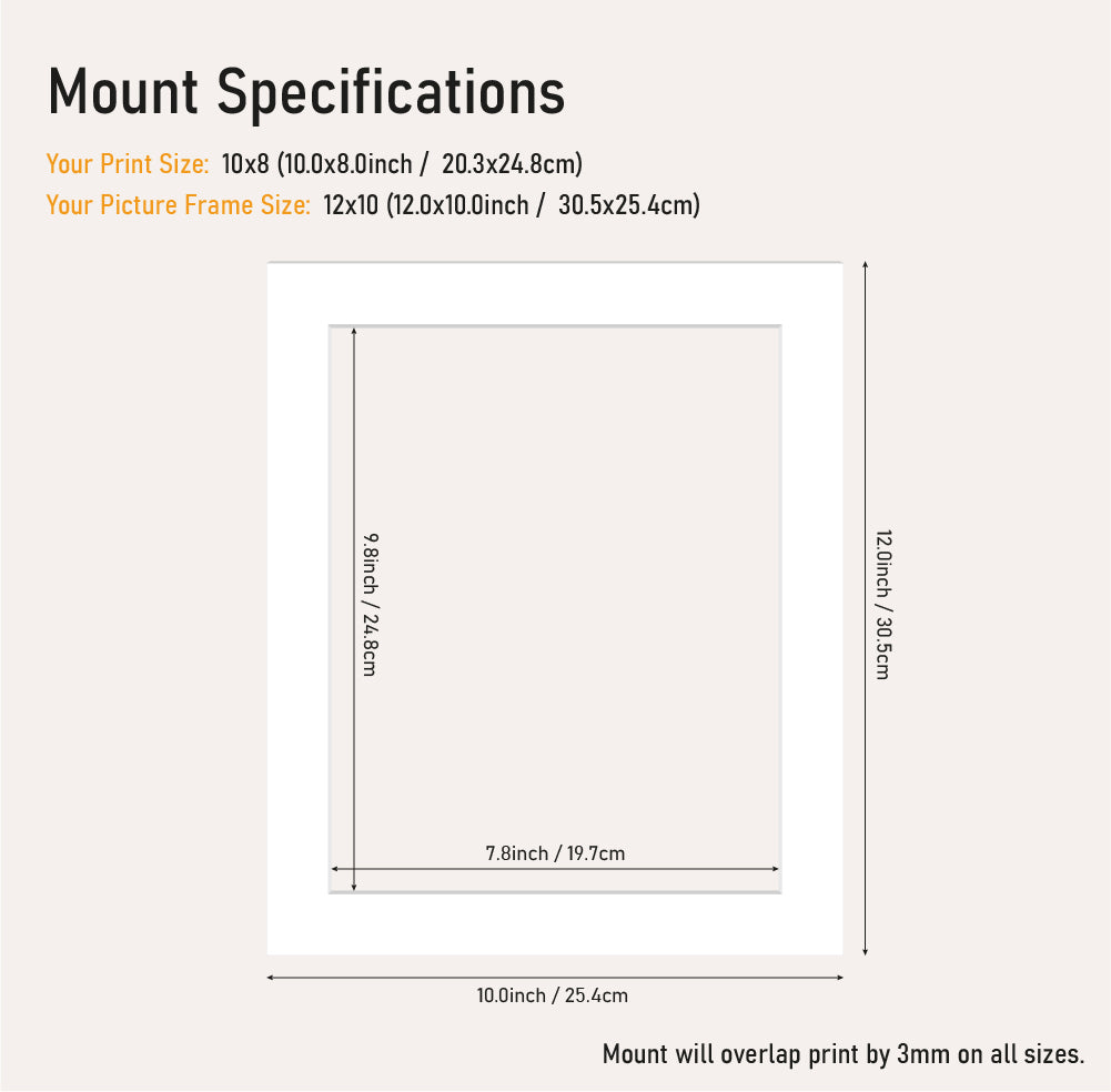 Wholesale white picture mount 10x8" frame size with 12x10 aperture, precision cut mount board for A5 prints, UK trade framing supply