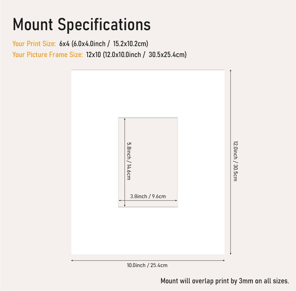 White picture mount 12x10 frame size with 6x4" aperture, professional mount board for photo framing, wholesale UK