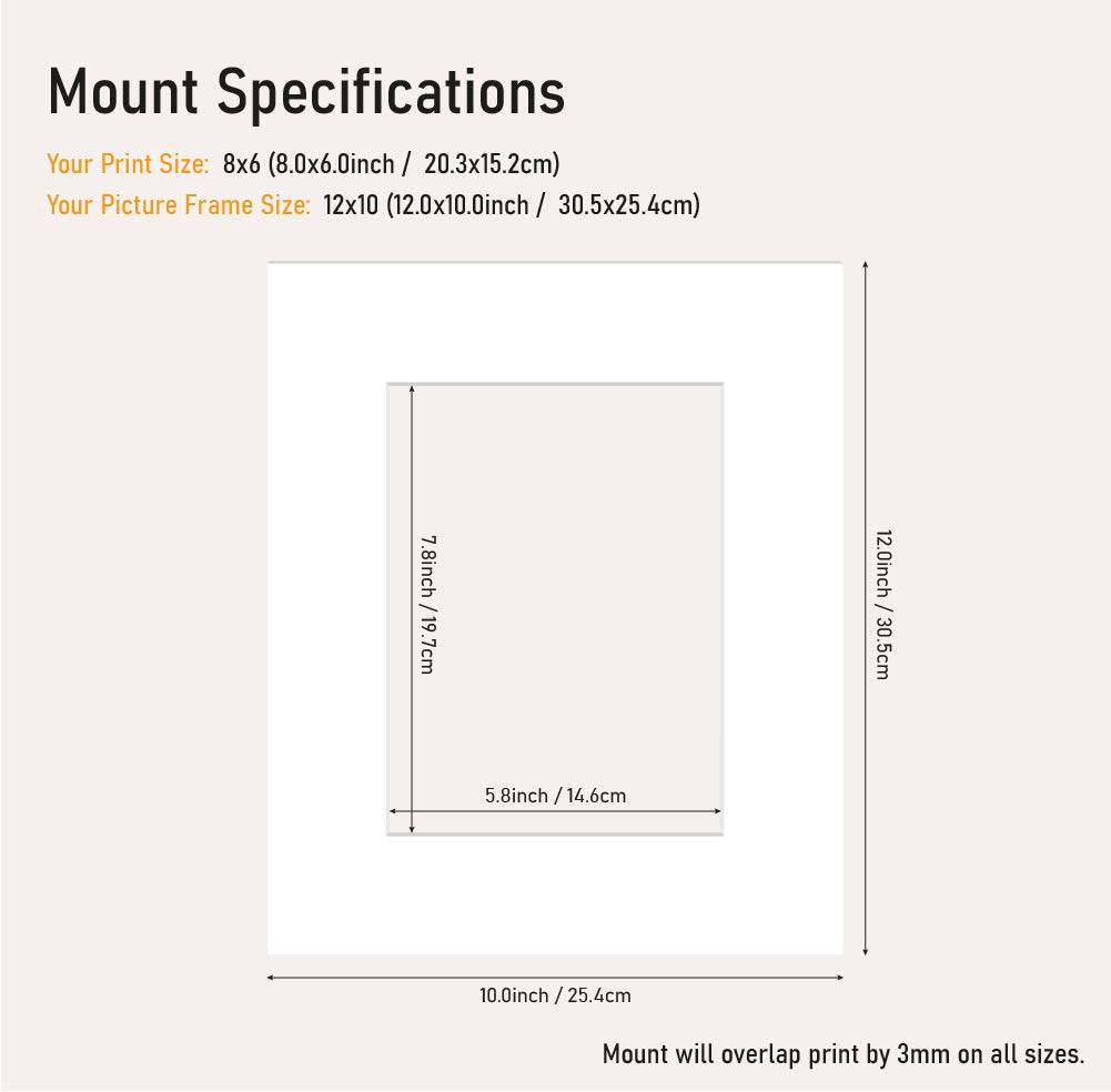 White picture mount 12x10 frame with 8x6" aperture, bevel cut mount board for small prints, wholesale framing UK