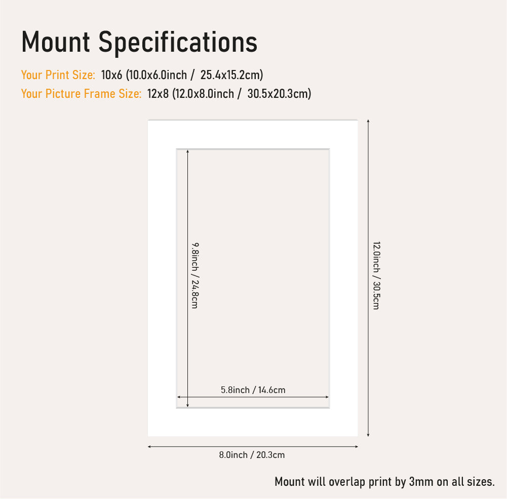 Bulk white picture mount 12x8 frame size with 10x6" aperture, bevel cut mount board for framing prints, UK supplier