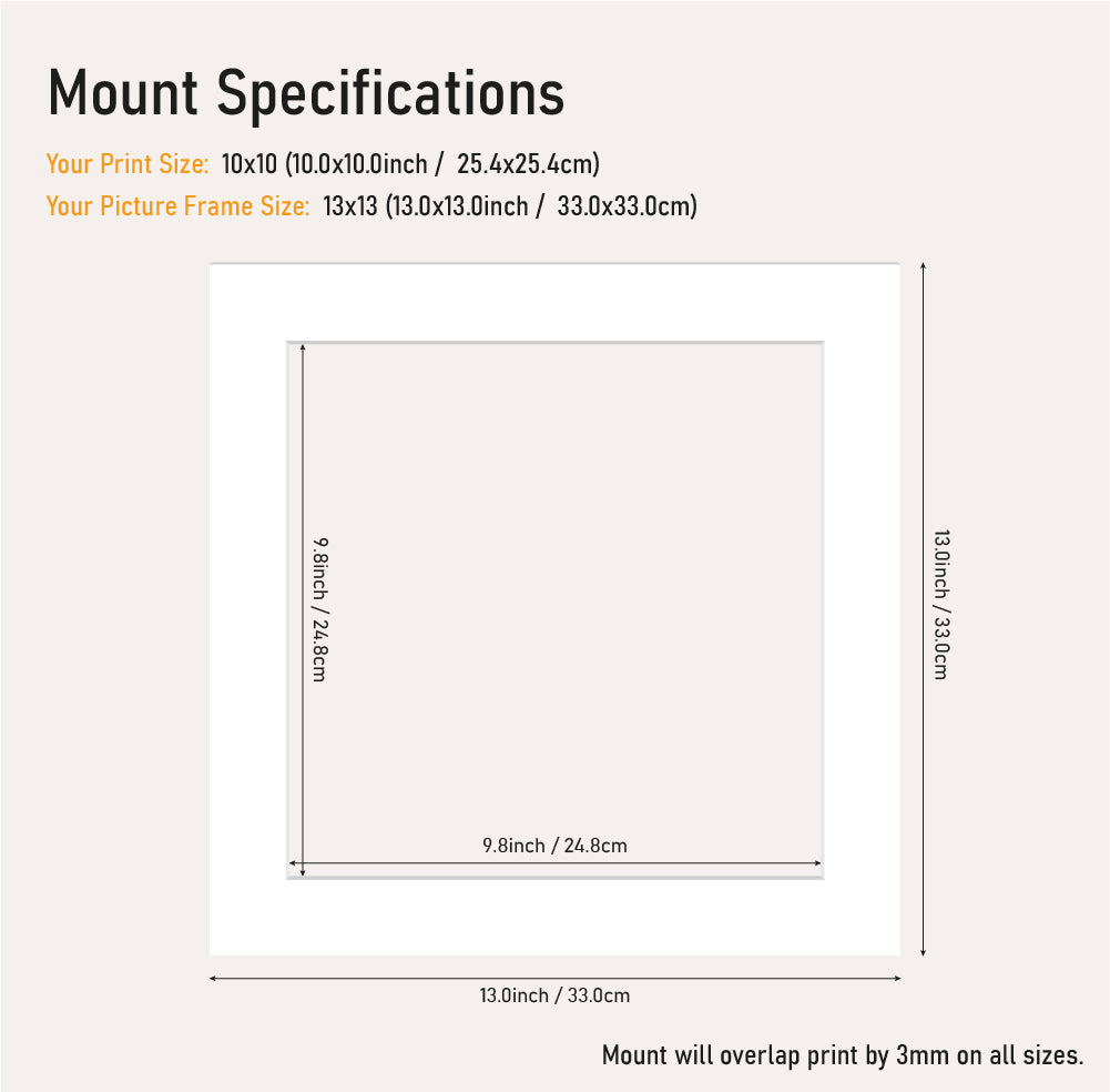 White picture mount 13x13 frame with 10x10" aperture, clean cut mount board for artwork and photos, trade framing stock UK