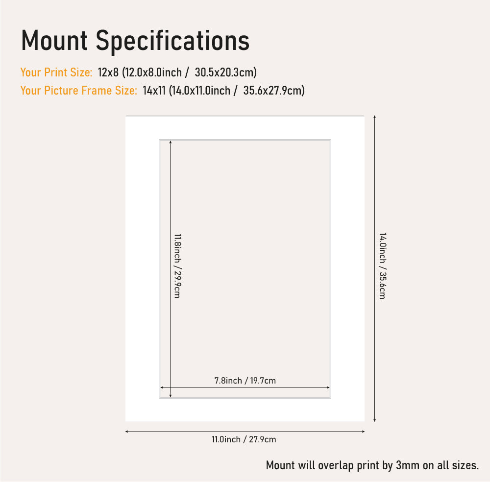 White picture mount 14x11 frame size with 12x8" aperture, professional mount board for photo framing, wholesale UK