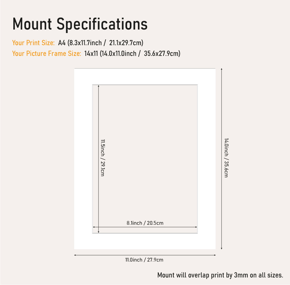 White picture mount 14x11 frame with A4" aperture, bevel cut mount board for small prints, wholesale framing UK