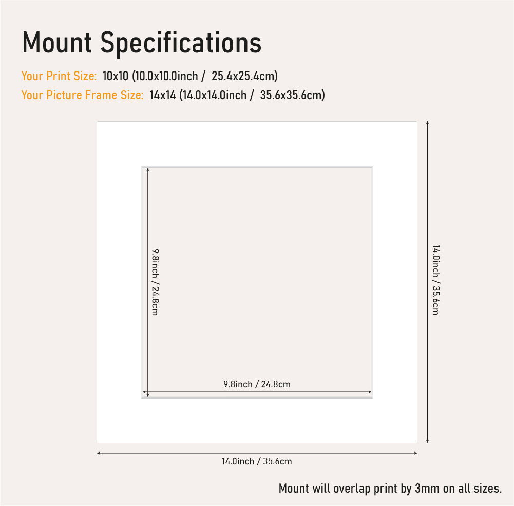 White picture mount 14x14 frame with 10x10" aperture, square mount board for prints and artwork, bulk UK framing supplier