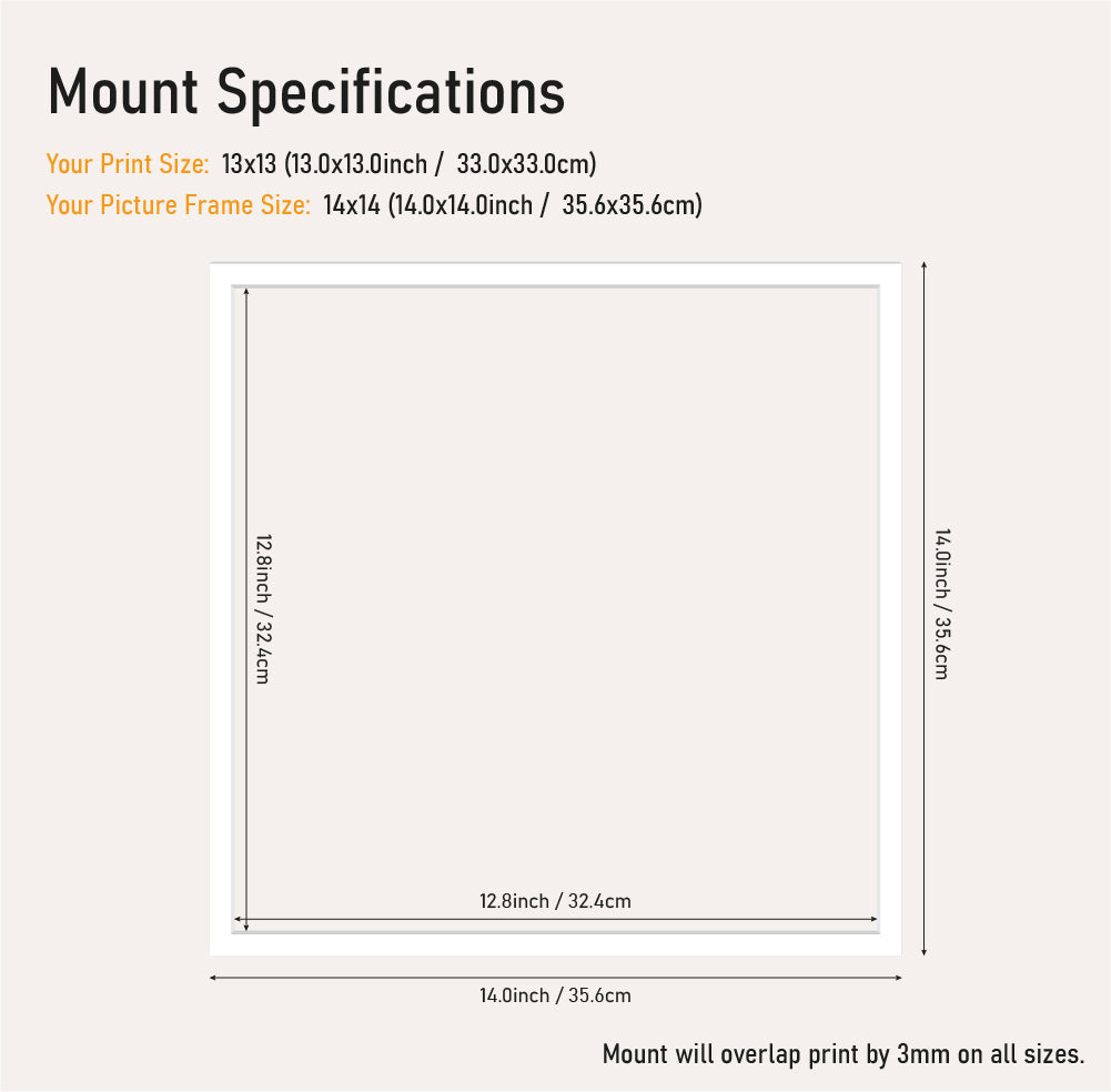 Bulk white picture mount 14x14 frame size with 13x13" aperture, bevel cut mount board for framing prints, UK supplier