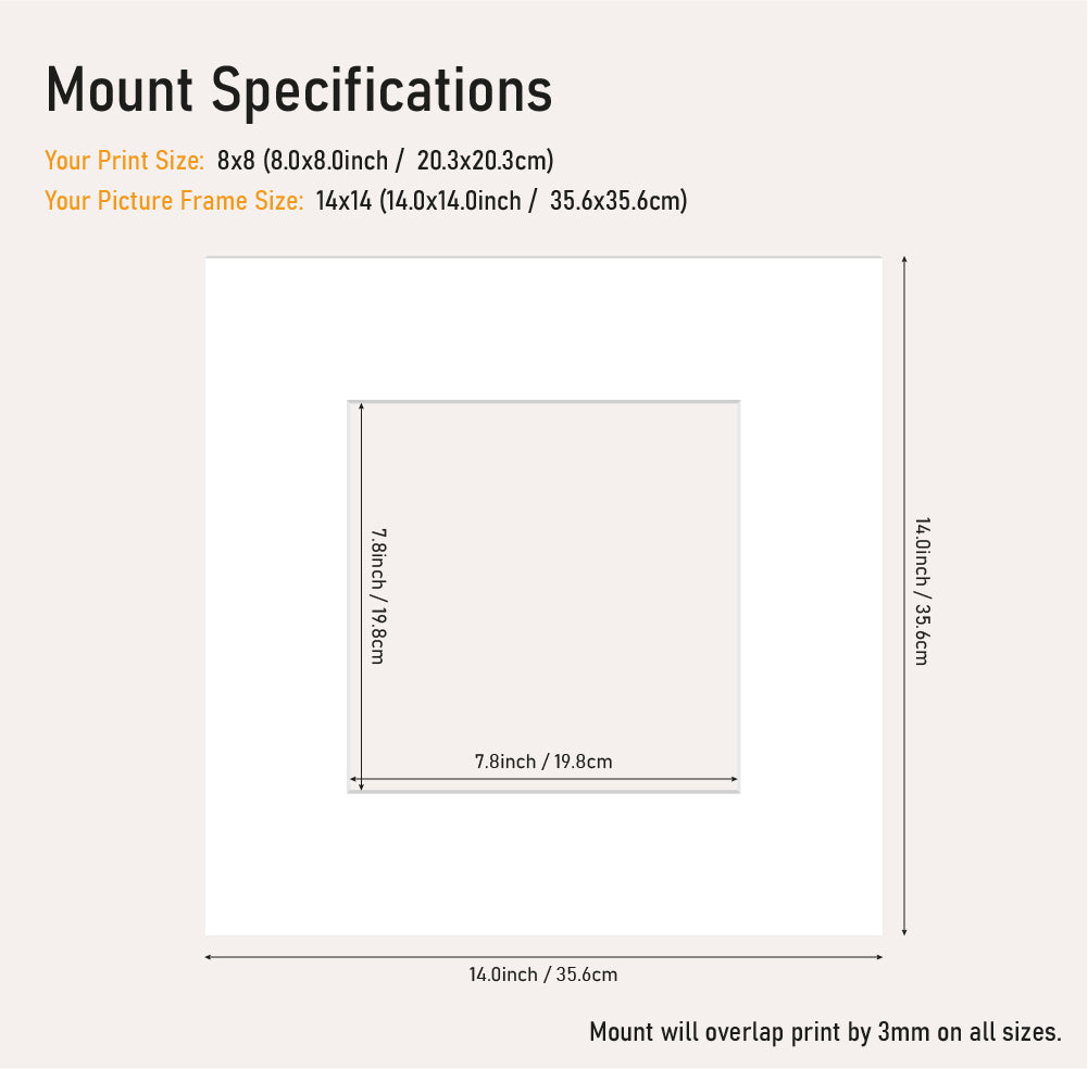 Wholesale white mount board 14x14 frame with 8x8" aperture, large format picture mount for artwork, UK trade supply