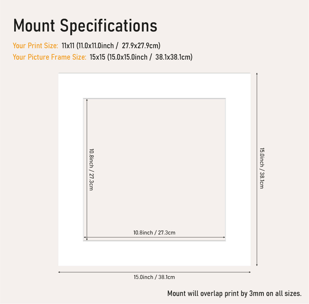 White picture mount 15x15 frame with 11x11" aperture, clean cut mount board for artwork and photos, trade framing stock UK