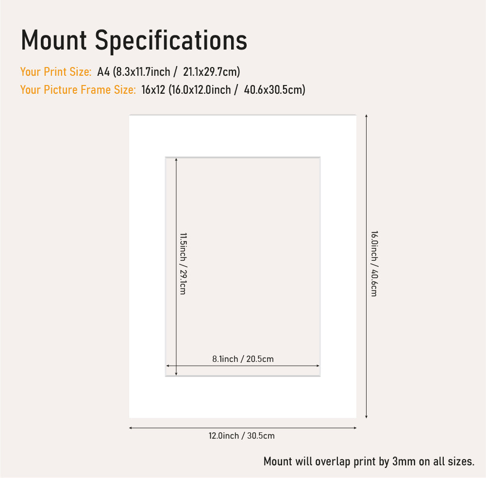 Bulk white picture mount 16x12 frame size with A4" aperture, bevel cut mount board for framing prints, UK supplier