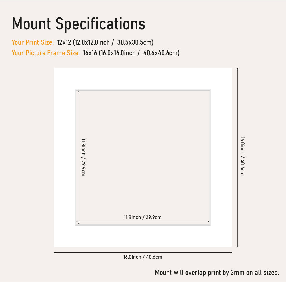 Wholesale white picture mount 12x12" frame size with 16x16 aperture, precision cut mount board for A5 prints, UK trade framing supply