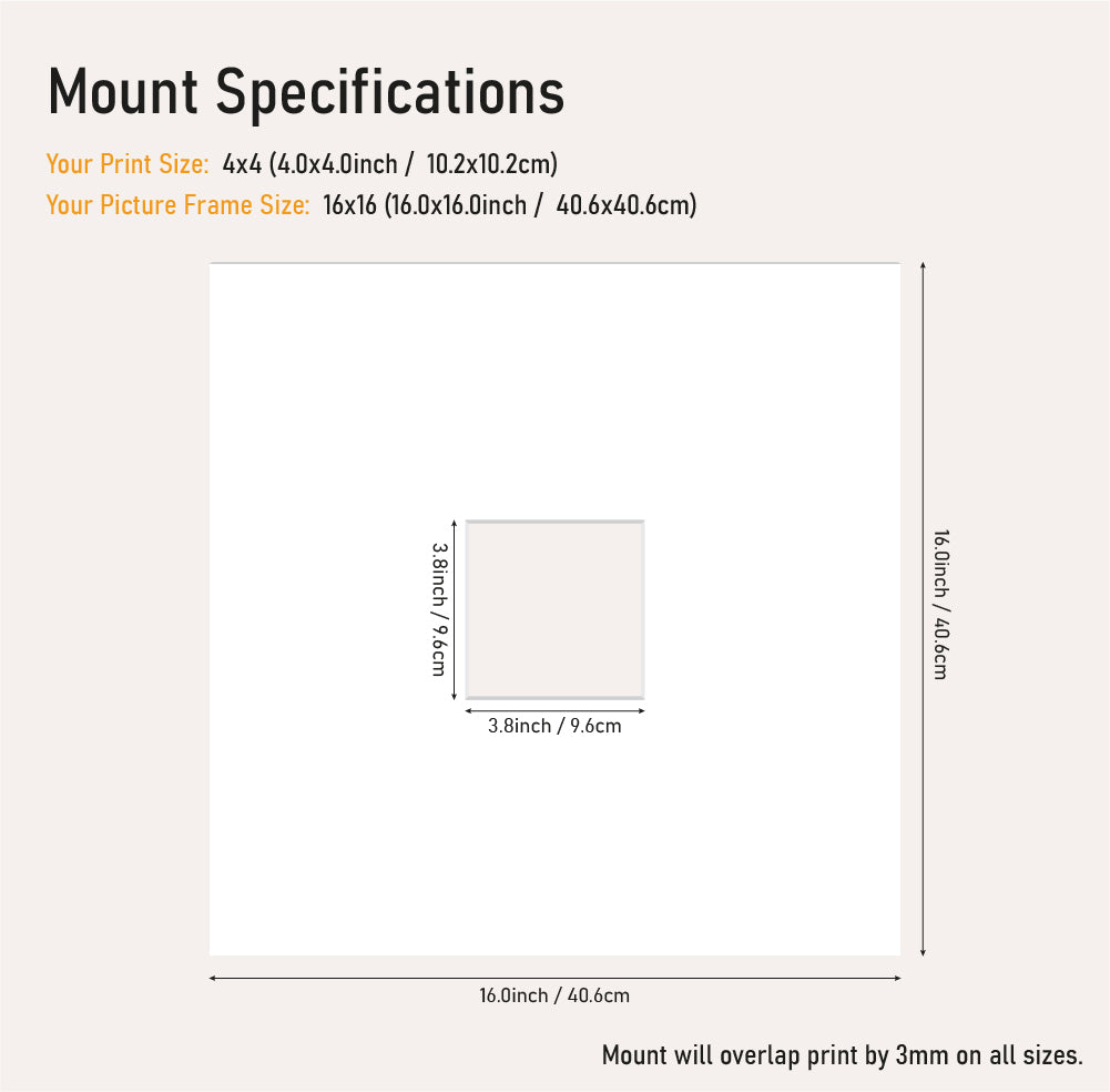 White picture mount 16x16 frame with 4x4" aperture, bevel cut mount board for small prints, wholesale framing UK