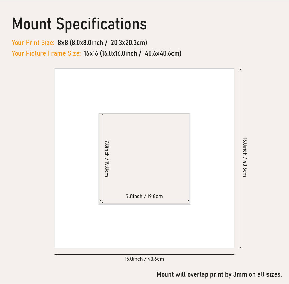 White picture mount 16x16 frame with 8x8" aperture, square mount board for prints and artwork, bulk UK framing supplier