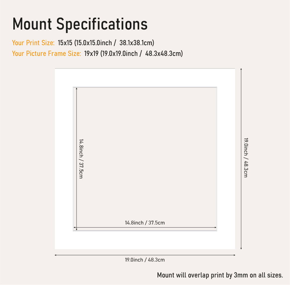Bulk white picture mount 19x19 frame size with 15x15" aperture, bevel cut mount board for framing prints, UK supplier