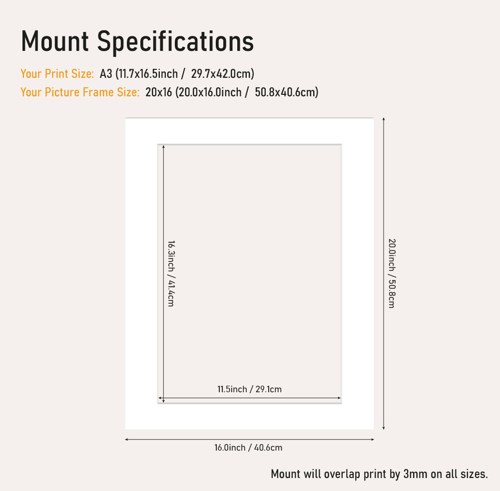 White picture mount 20x16 frame with A3" aperture, bevel cut mount board for small prints, wholesale framing UK