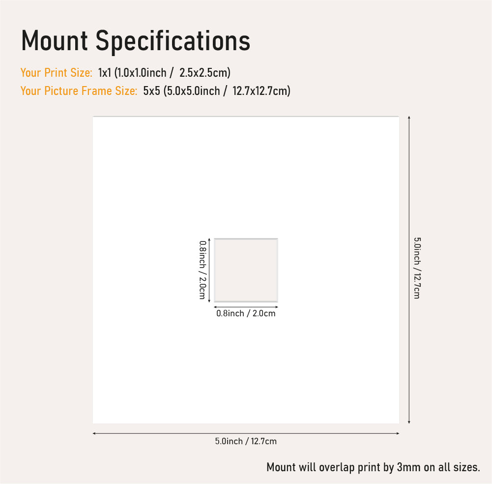 White picture mount 5x5 frame with 1x1" aperture, square mount board for prints and artwork, bulk UK framing supplier