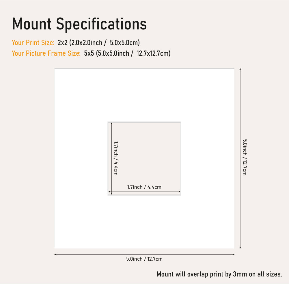 Wholesale white picture mount 2x2" frame size with 5x5 aperture, precision cut mount board for A5 prints, UK trade framing supply
