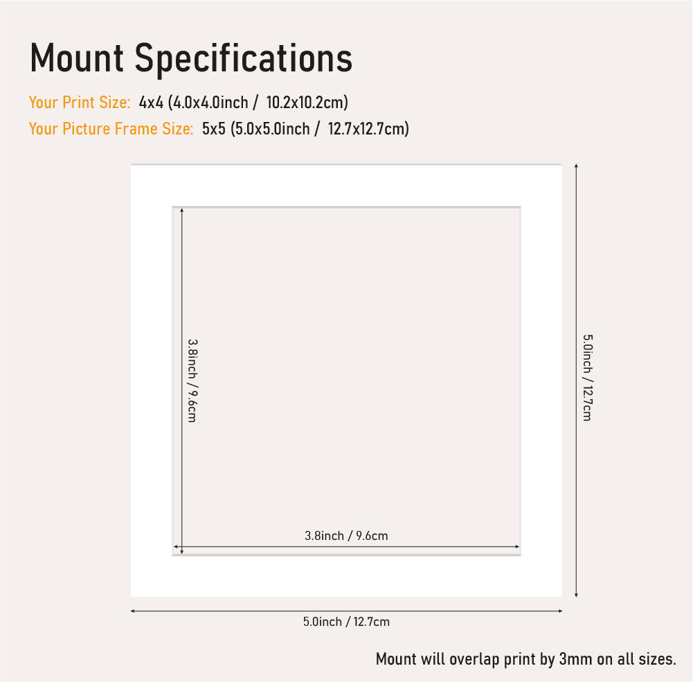 Bulk white picture mount 5x5 frame size with 4x4" aperture, bevel cut mount board for framing prints, UK supplier