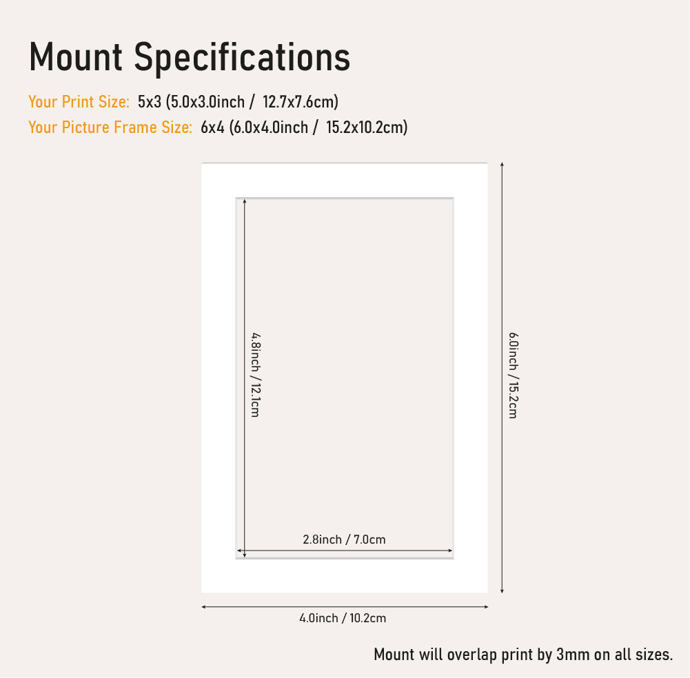 White mount board 6x4 frame with 5x3" aperture, professional picture mount for A4 prints, bulk wholesale framing UK