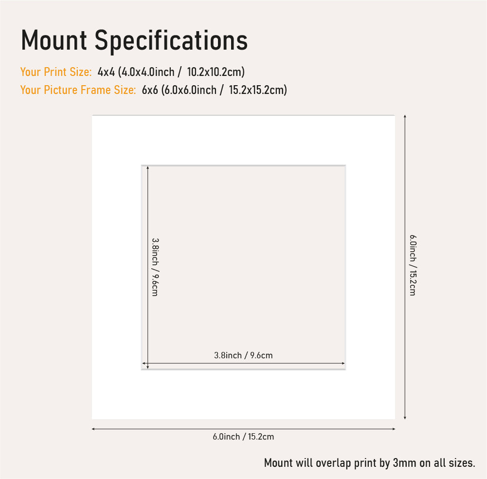 White picture mount 6x6 frame size with 4x4" aperture, professional mount board for photo framing, wholesale UK