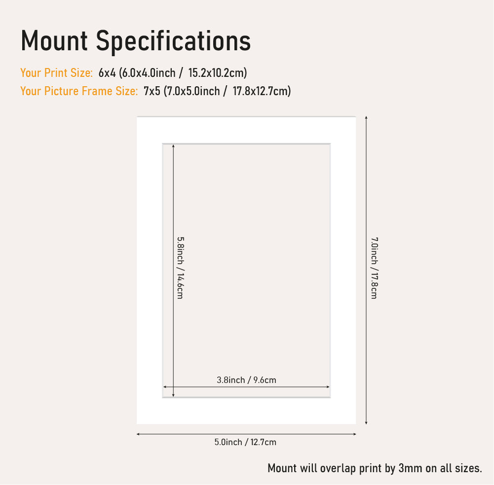 White picture mount 7x5 frame with 6x4" aperture, clean cut mount board for artwork and photos, trade framing stock UK