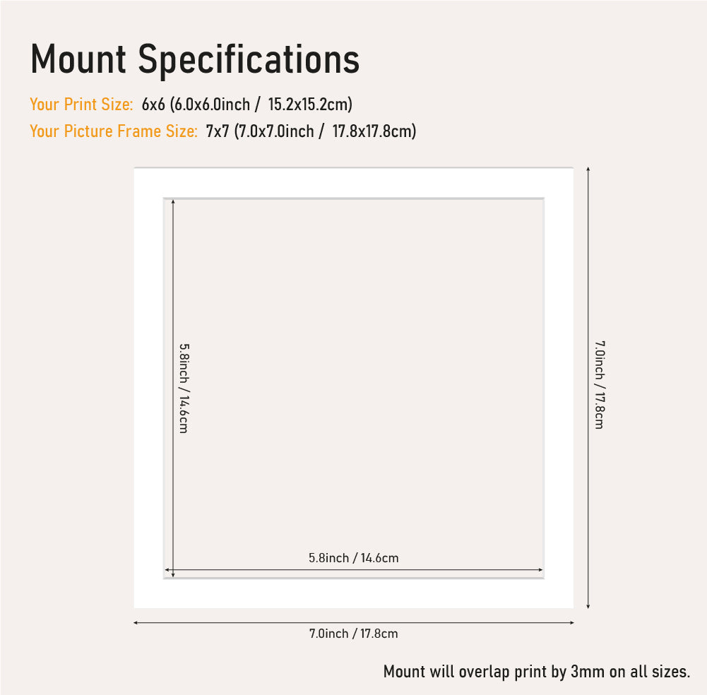 White picture mount 7x7 frame with 6x6" aperture, square mount board for prints and artwork, bulk UK framing supplier