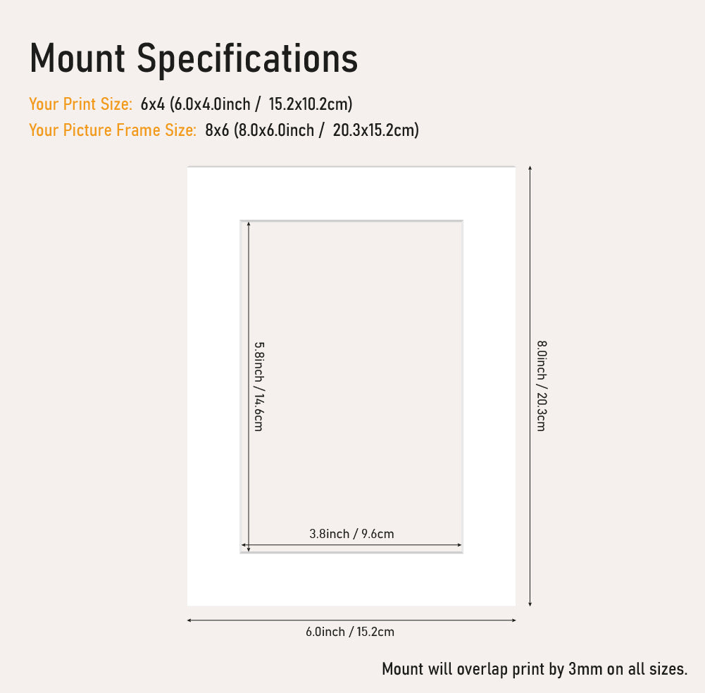 White picture mount 8x6 frame size with 6x4" aperture, professional mount board for photo framing, wholesale UK