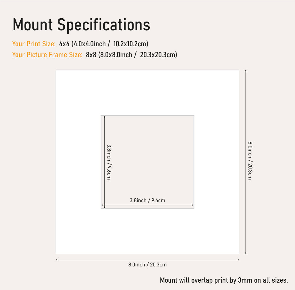 Wholesale white picture mount 4x4" frame size with 8x8 aperture, precision cut mount board for A5 prints, UK trade framing supply