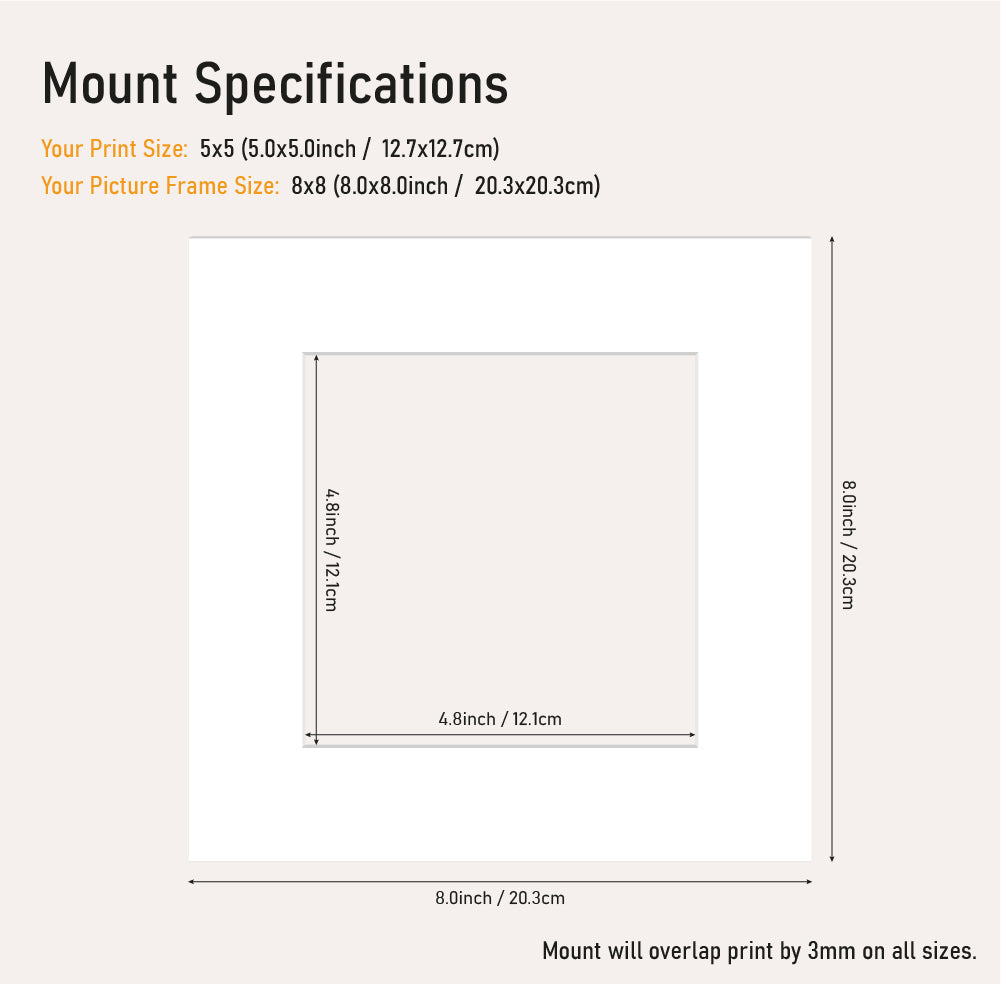 White mount board 8x8 frame with 5x5" aperture, professional picture mount for A4 prints, bulk wholesale framing UK