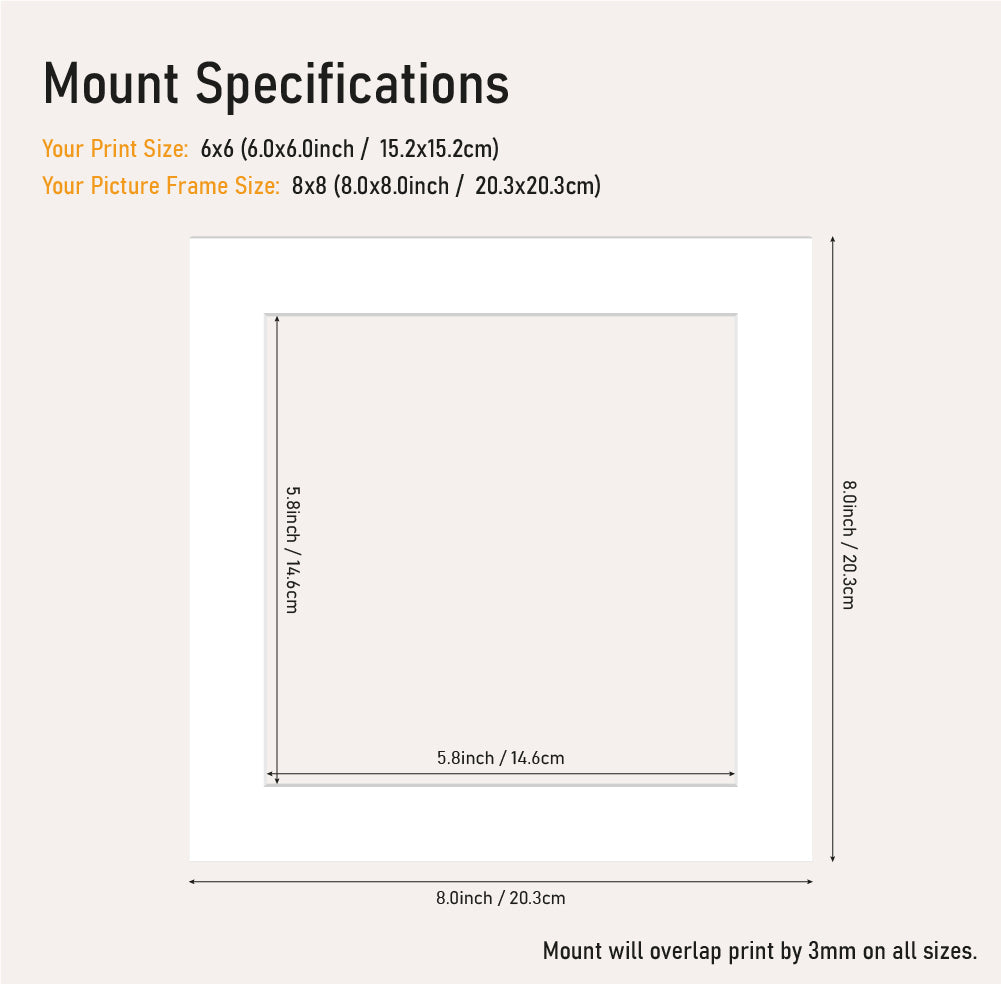 Bulk white picture mount 8x8 frame size with 6x6" aperture, bevel cut mount board for framing prints, UK supplier