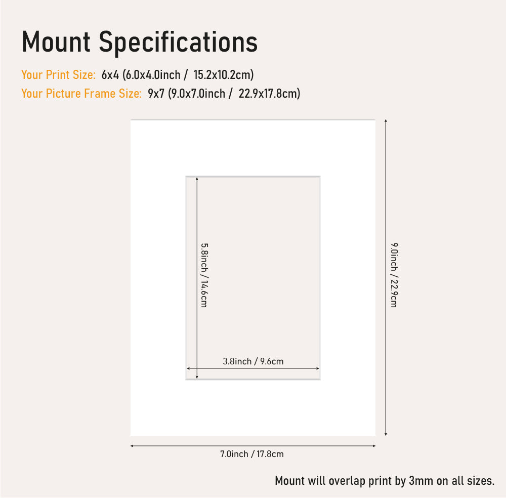 White picture mount 9x7 frame with 6x4" aperture, bevel cut mount board for small prints, wholesale framing UK