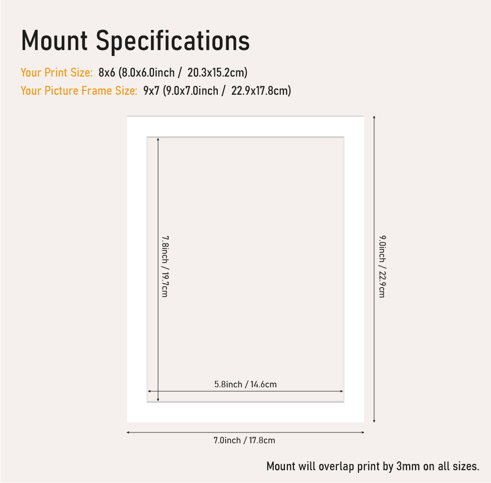 White picture mount 9x7 frame with 8x6" aperture, square mount board for prints and artwork, bulk UK framing supplier