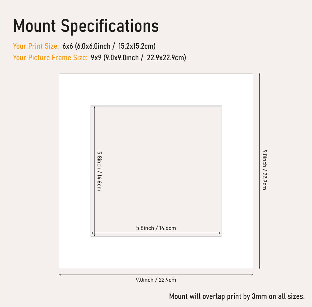 White picture mount 9x9 frame size with 6x6" aperture, professional mount board for photo framing, wholesale UK