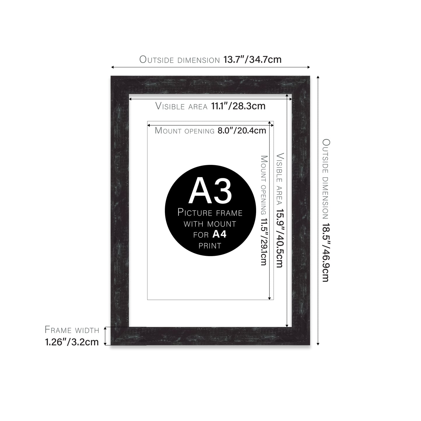 Distressed Black Picture Frame 32mm Edge