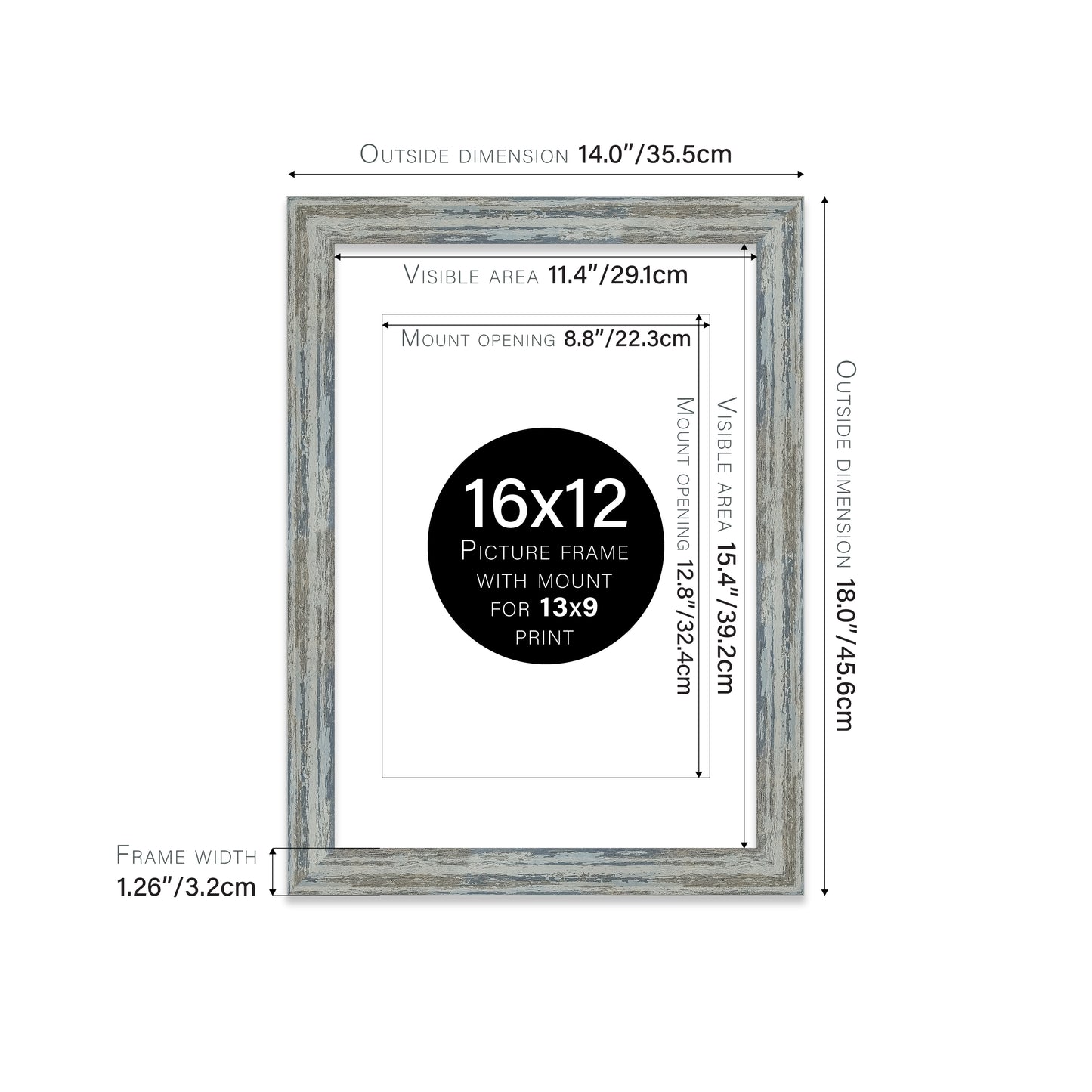Distressed Blue Picture Frame 32mm Edge