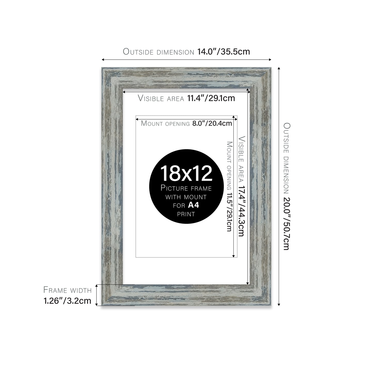Distressed Blue Picture Frame 32mm Edge