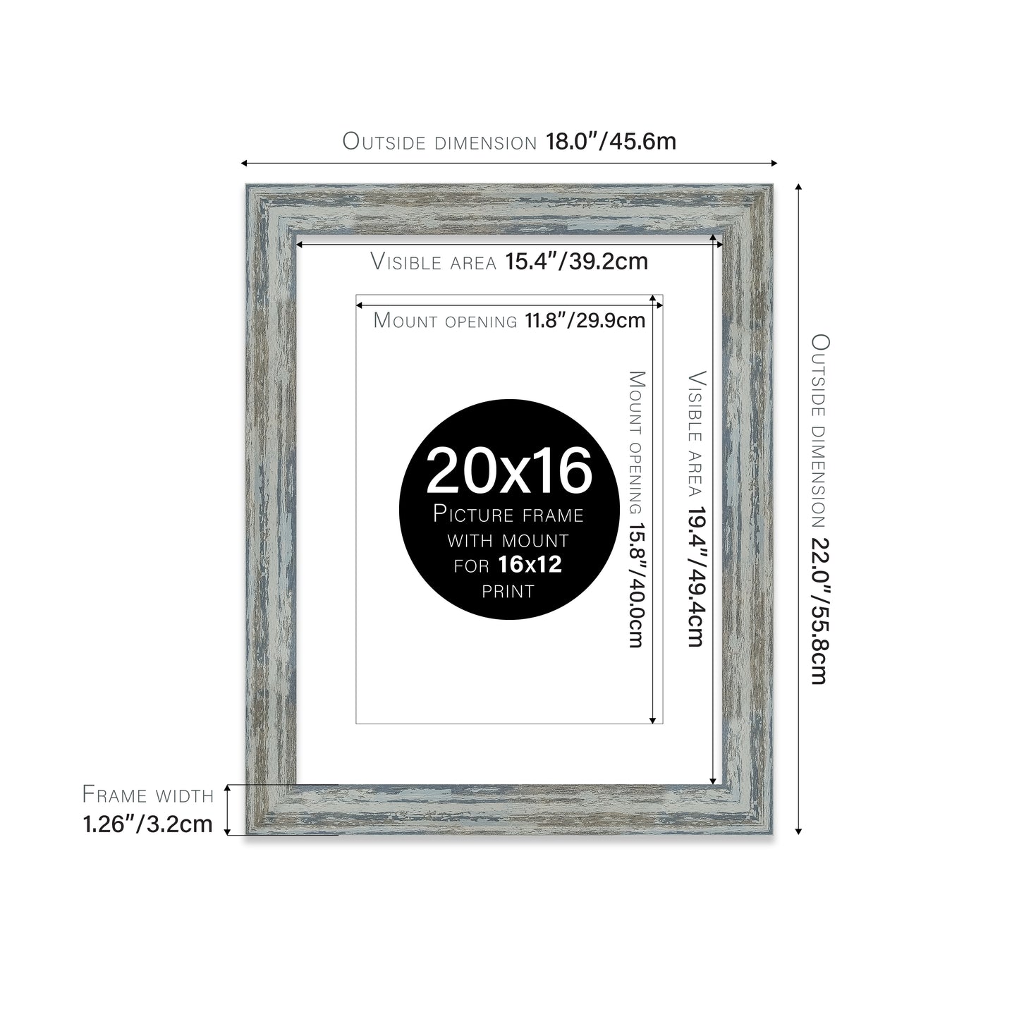 Distressed Blue Picture Frame 32mm Edge