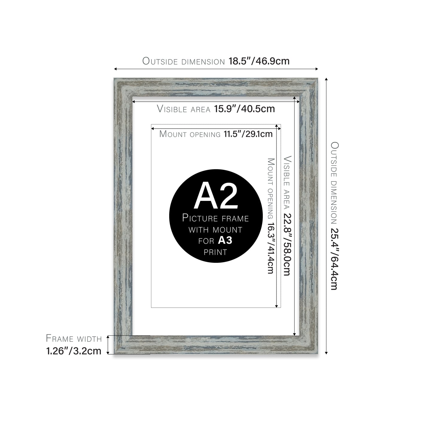 Distressed Blue Picture Frame 32mm Edge