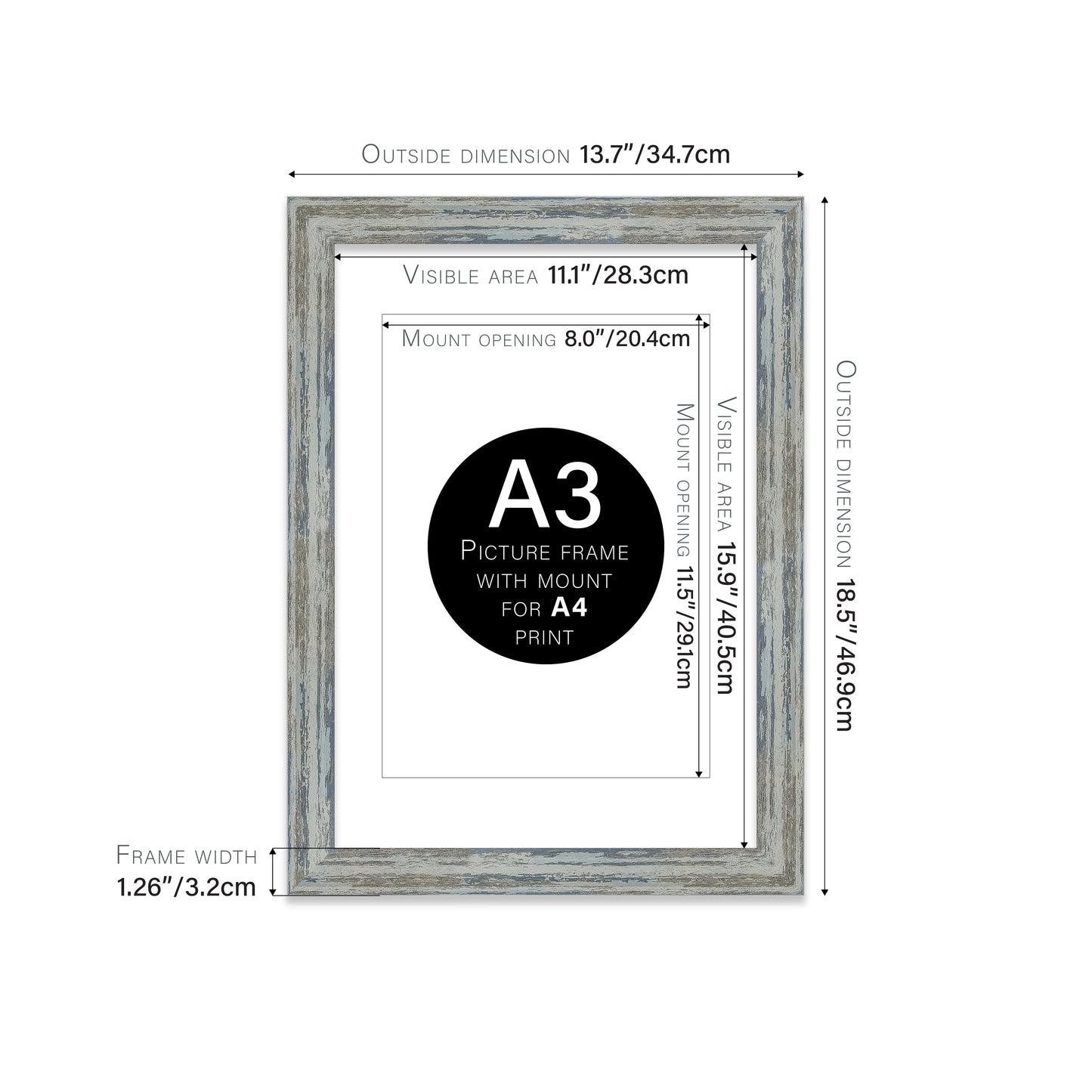 Distressed Blue Picture Frame 32mm Edge