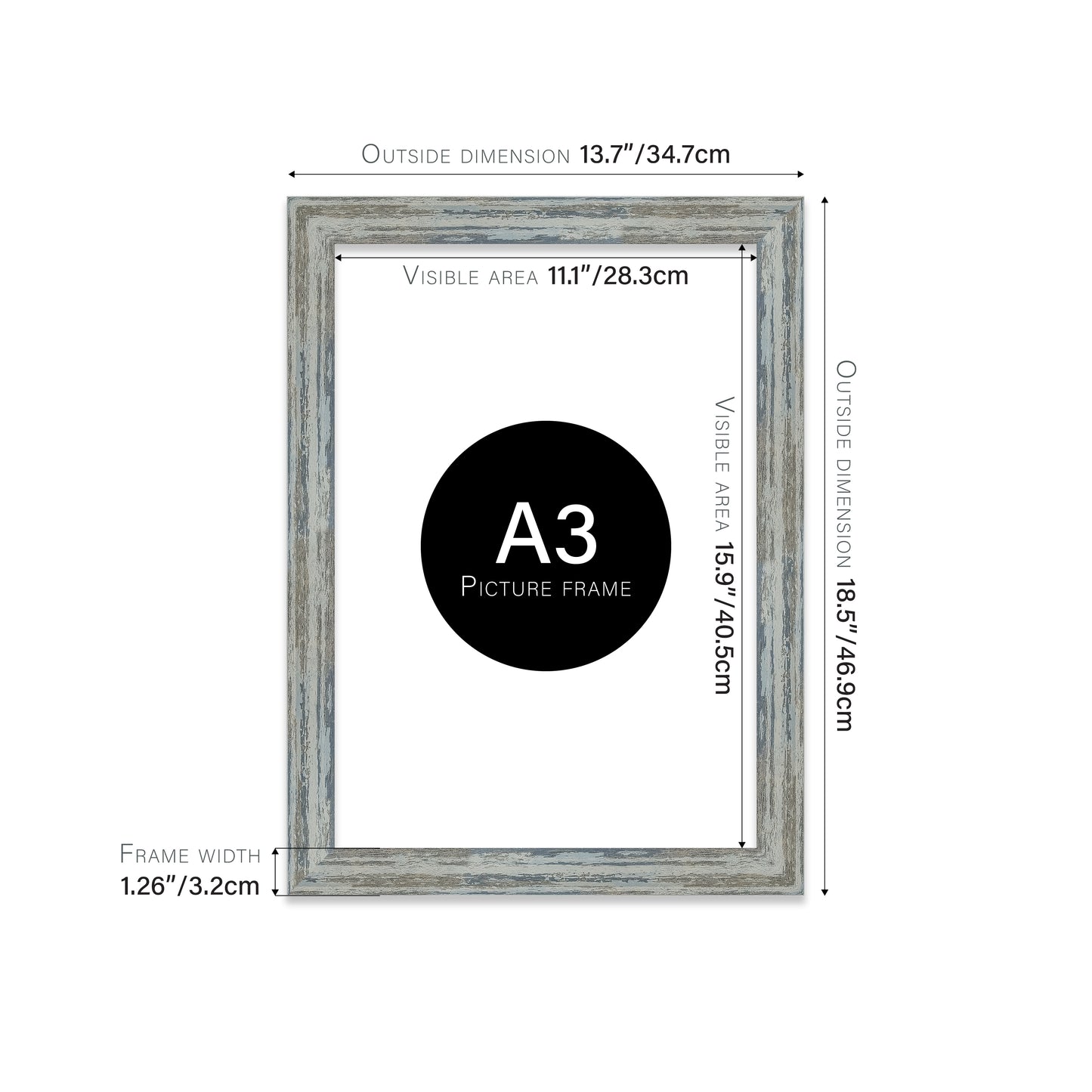 Distressed Blue Picture Frame 32mm Edge