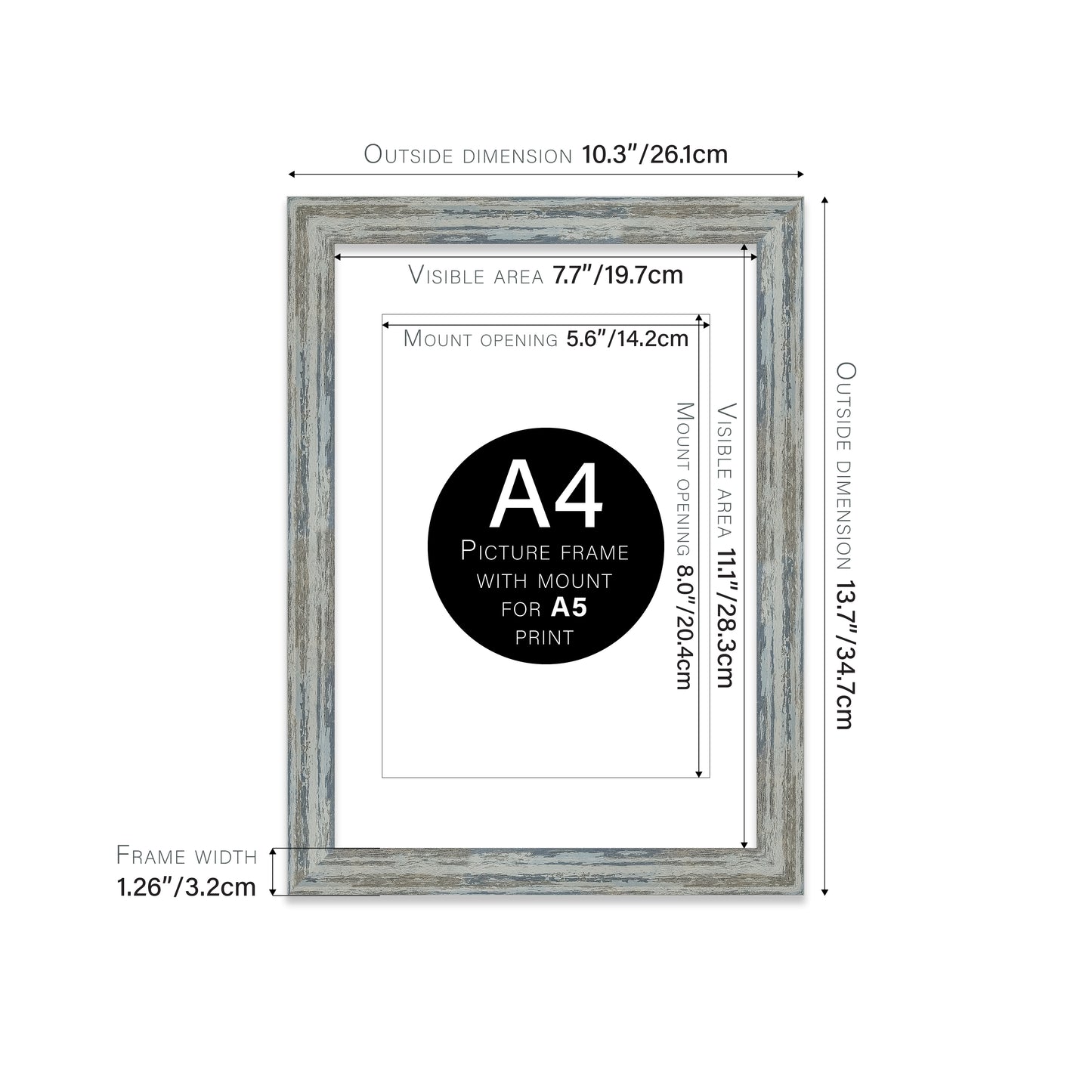 Distressed Blue Picture Frame 32mm Edge