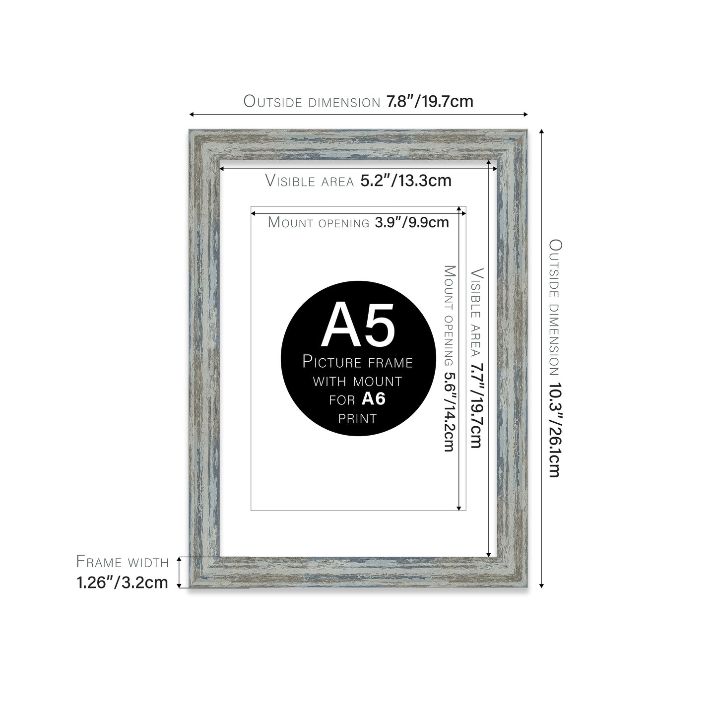 Distressed Blue Picture Frame 32mm Edge