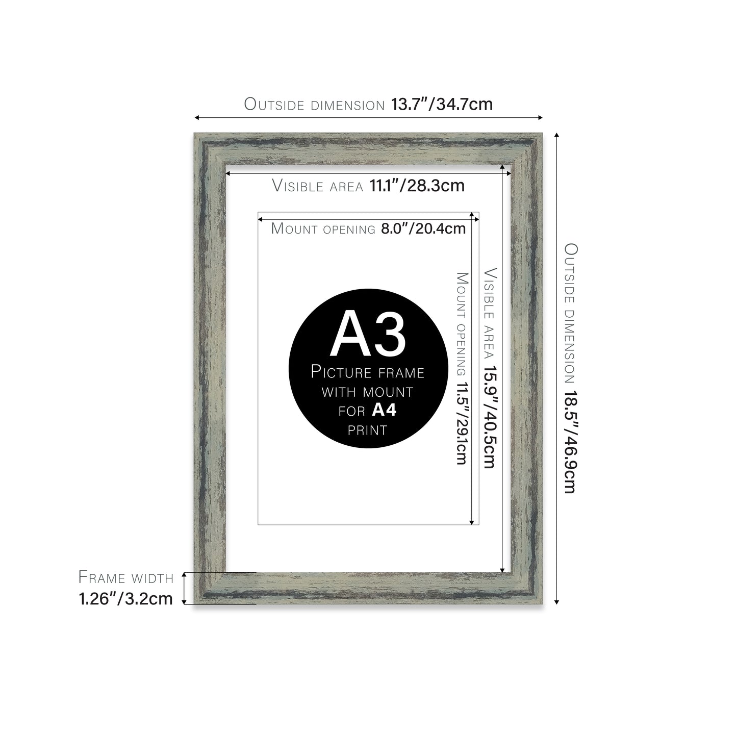 Distressed Green Picture Frame 32mm Edge