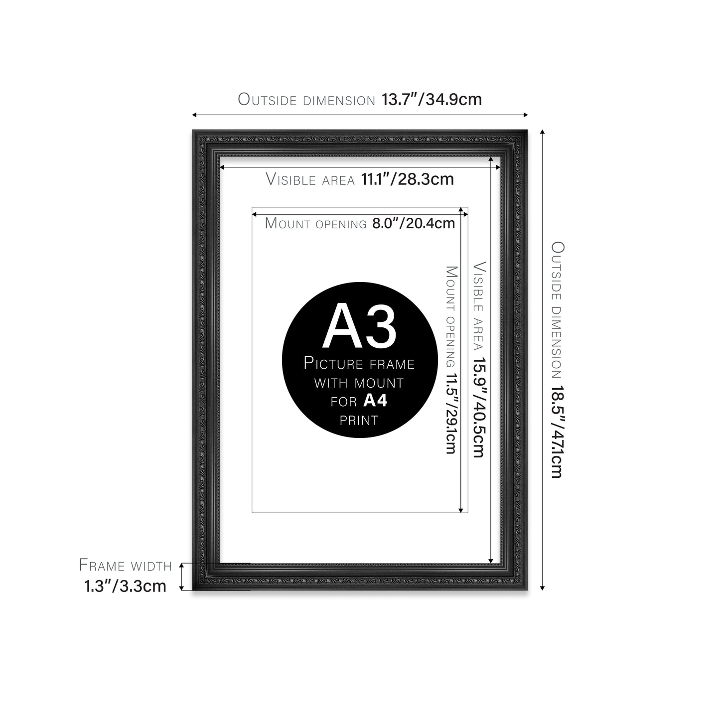 Black Ornate Picture Frame 33mm Edge