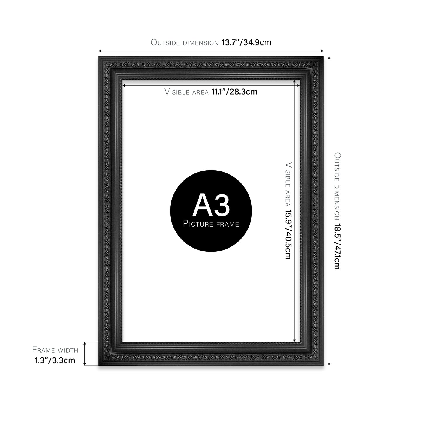 Black Ornate Picture Frame 33mm Edge